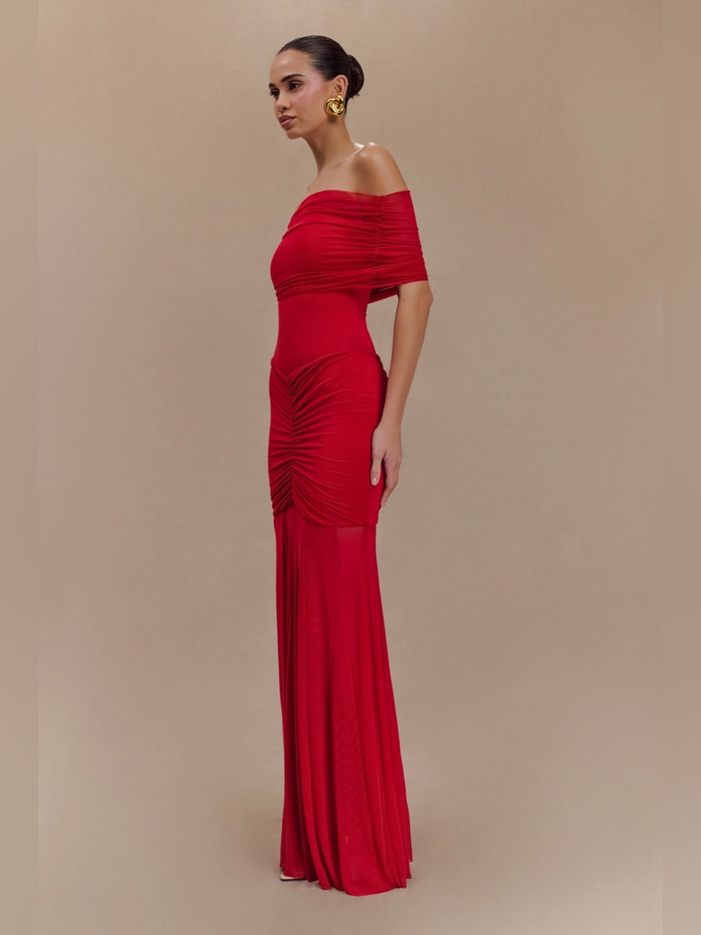 Meshki Caspian Slinky and Mesh Ruched Off-shoulder Maxi Dress - Picture 4 of 10